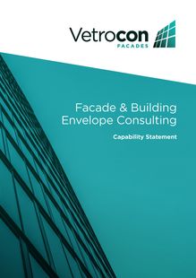 Vetrocon Facades capability statement document featuring a teal background and a graphical representation of a building.