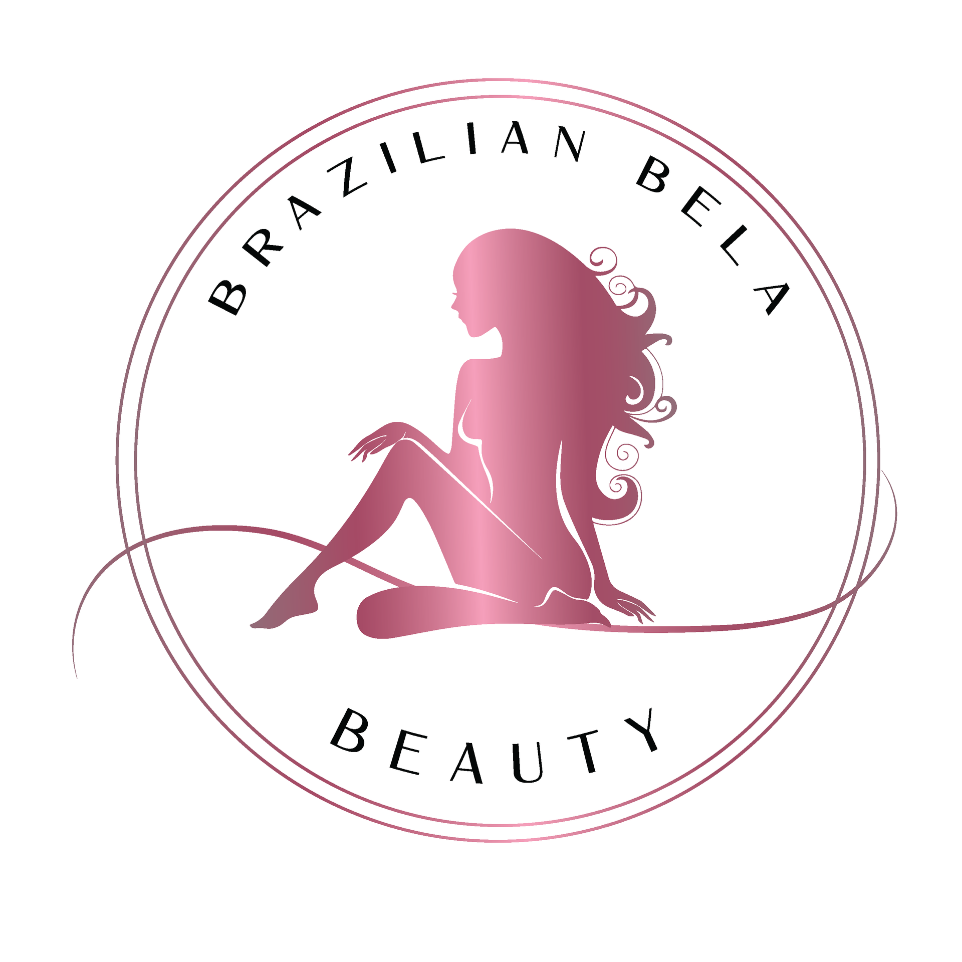 Logo for Brazilian Bela Beauty with a pink silhouette of a woman inside a circle, text reads