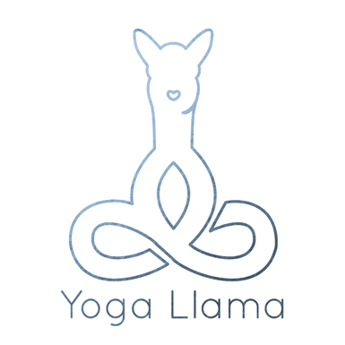 Blue outline of a llama in a yoga pose, logo for