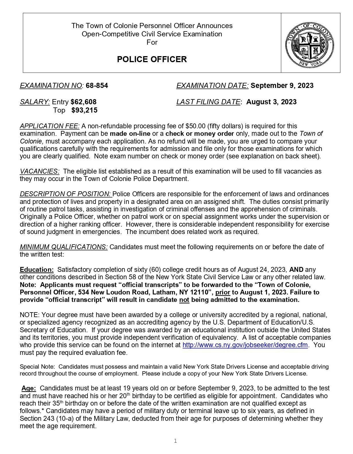 town of colonie police officer examination
