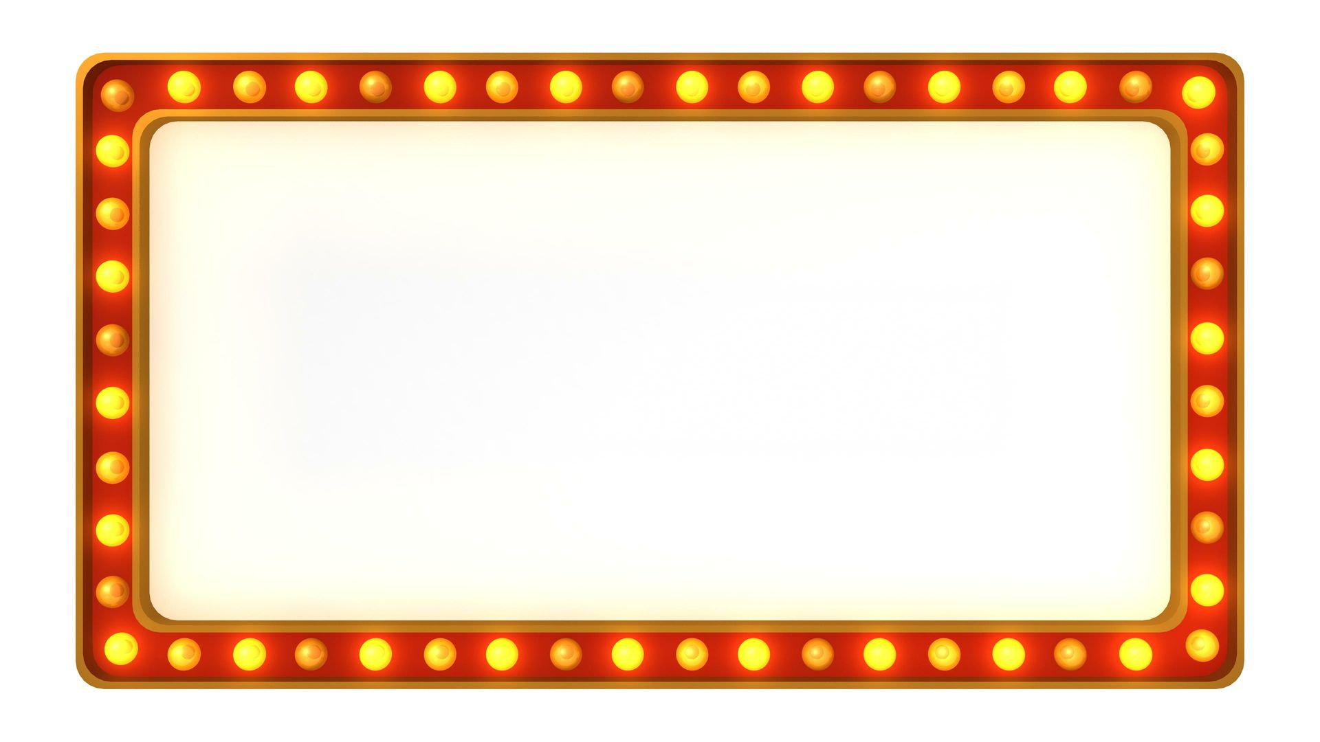 A blank rectangular marquee sign with bright yellow bulbs around the border on a white background
