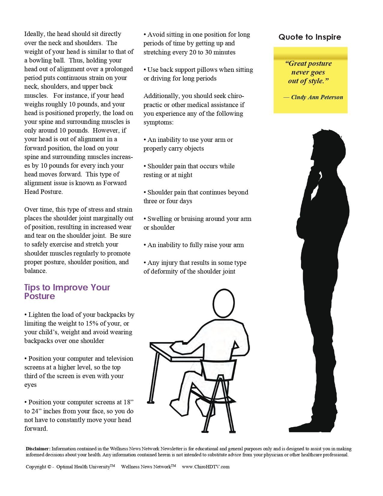 Text with tips for posture, silhouette of person thinking, and person sitting.