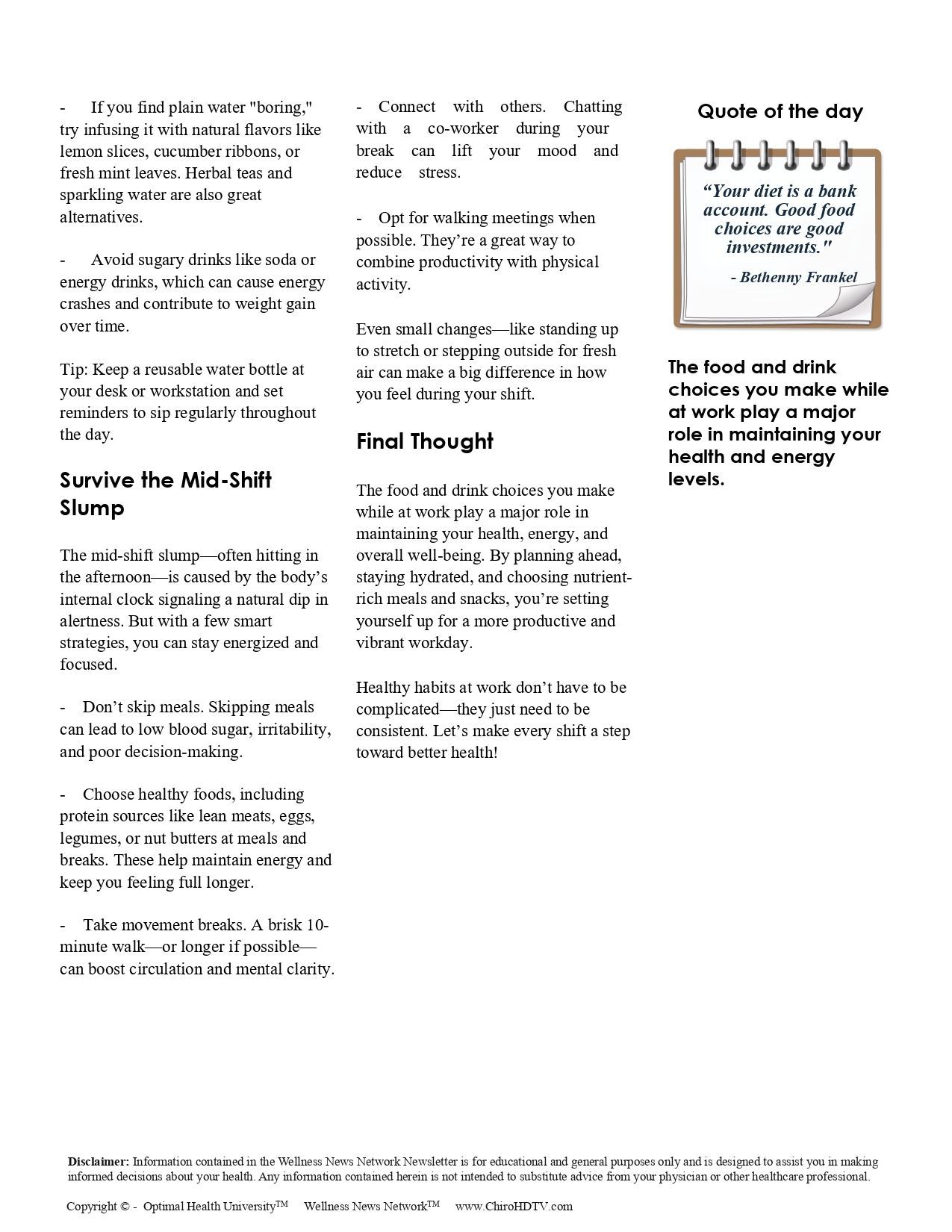 White paper with text about food choices, and a quote.