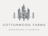 The logo for cottonwood farms retrievers and doodles shows a forest of pine trees.