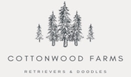 A logo for cottonwood farms , a company that sells retrievers and doodles.