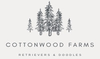 A logo for cottonwood farms , a company that sells retrievers and doodles.