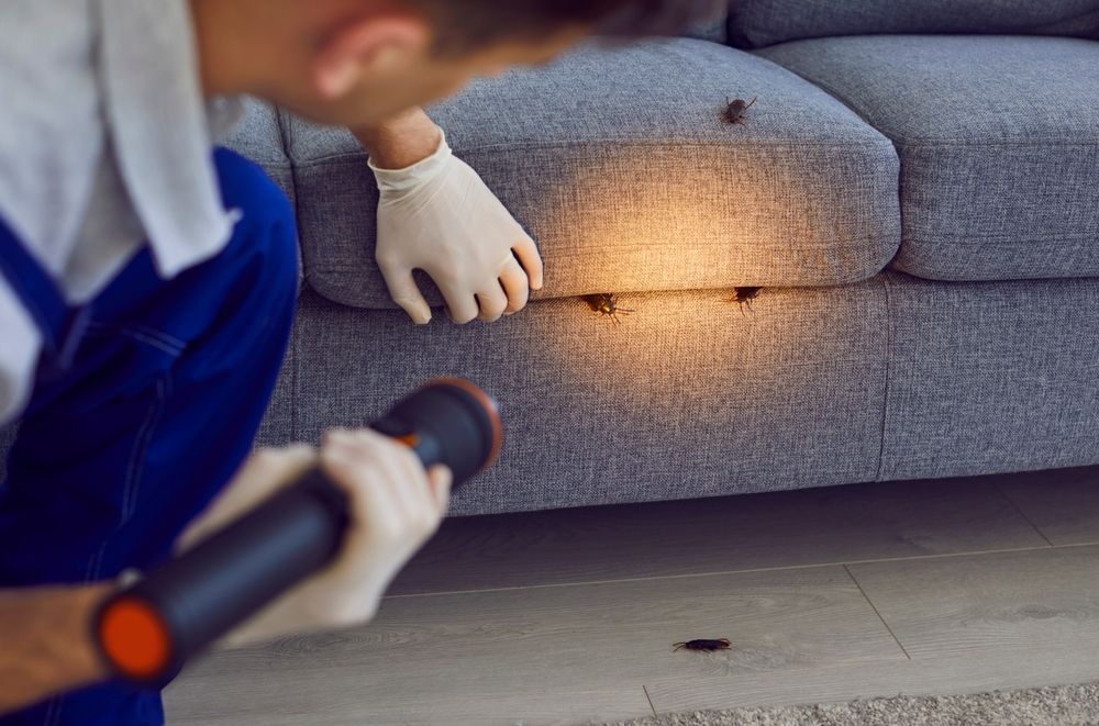 Pest control worker inspects sofa with a flashlight, looking for insects.