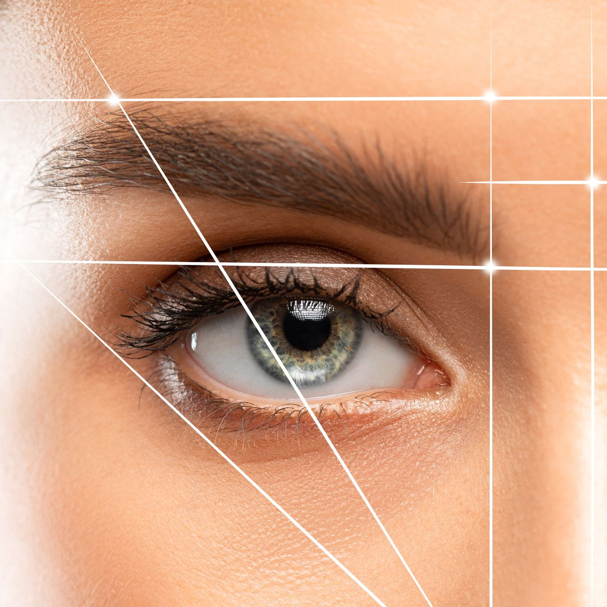 Nahaufnahme eines Auges mit blaugrüner Iris, umgeben von Haut; darüberliegende Linien zur Messung der Proportionen.