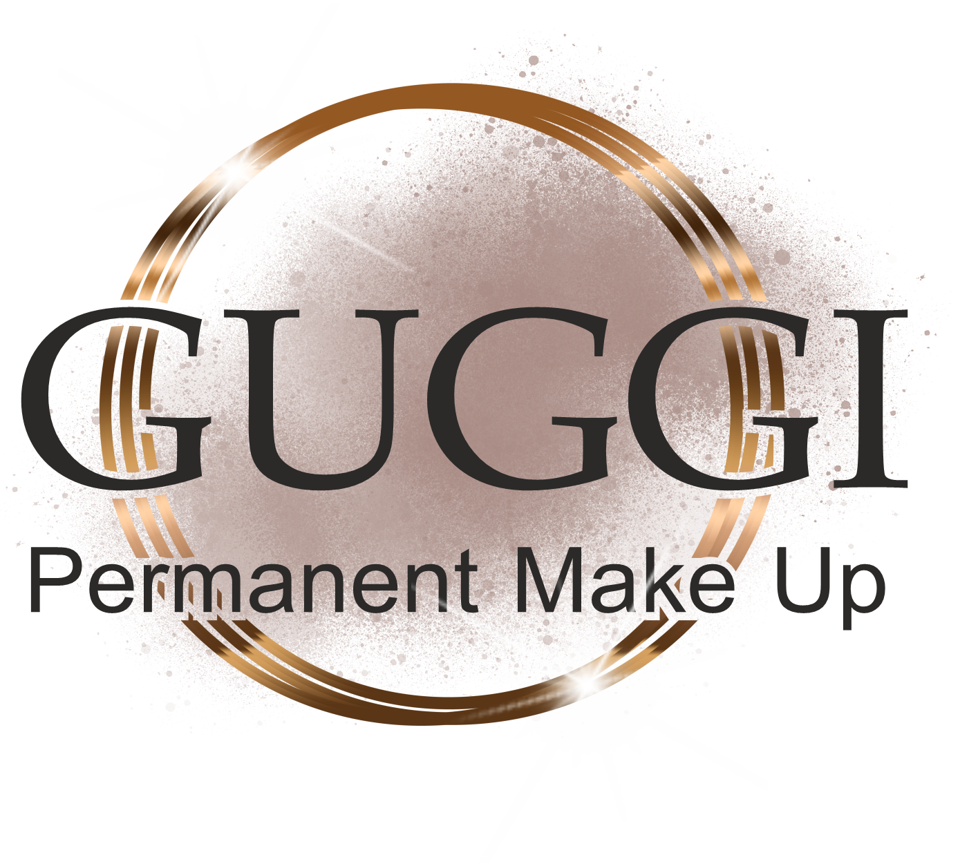 Logo für Guggi Permanent Make Up: Text auf braun/goldenem Grund, enthält „GUGGI“ und „Permanent Make Up“.