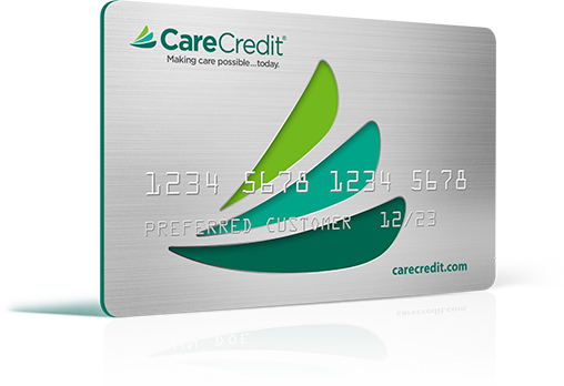 CareCredit card with green and blue logo on a silver background.