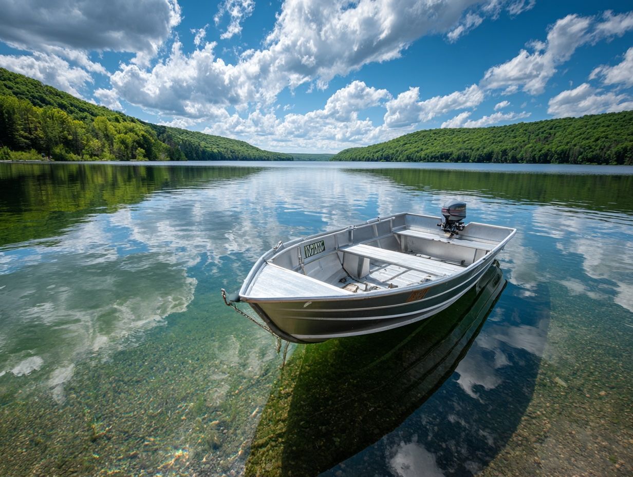 Two people are riding a boat on a lake.