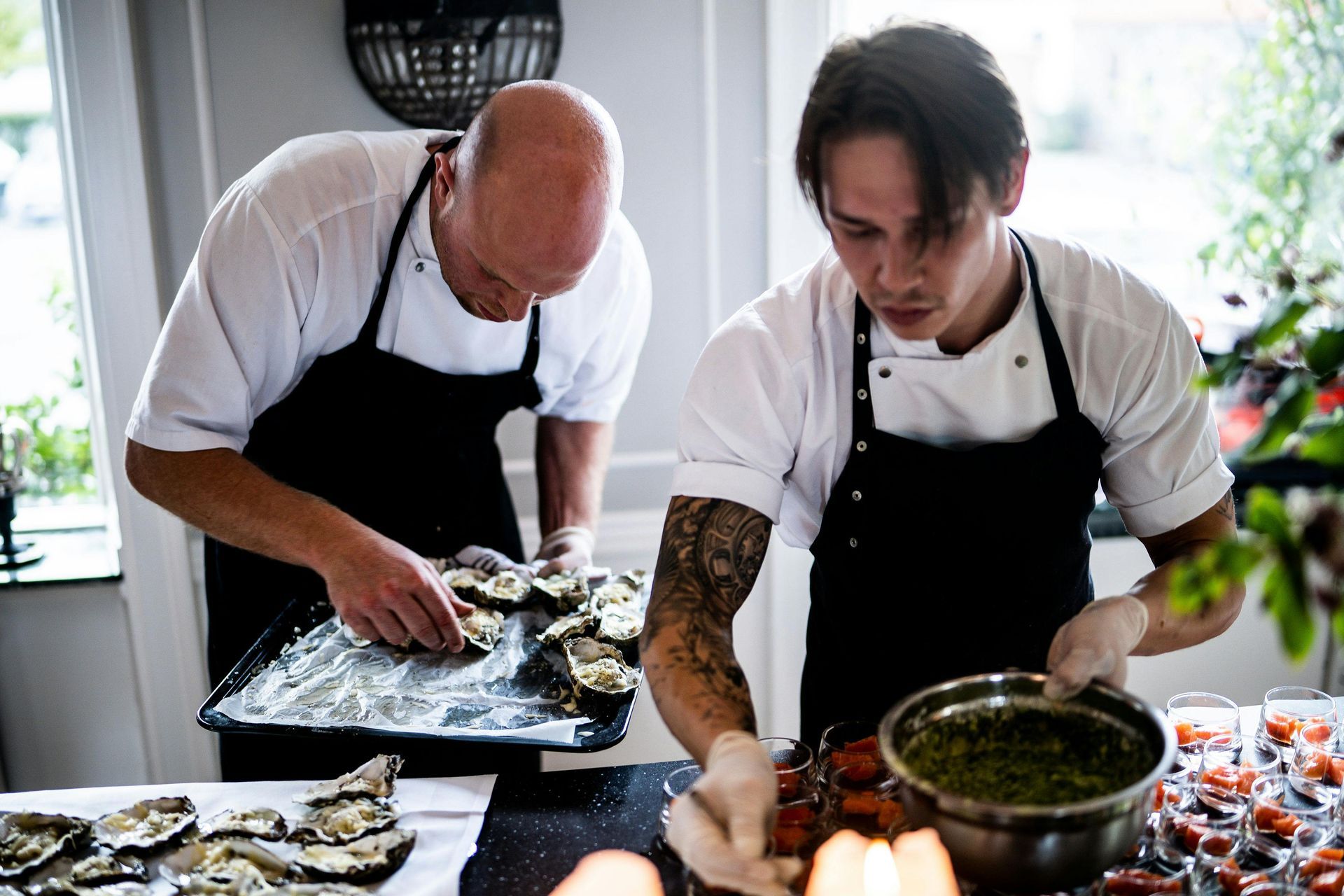 Two chefs plating food together in a bright kitchen, one chopping herbs and the other arranging dishes.
