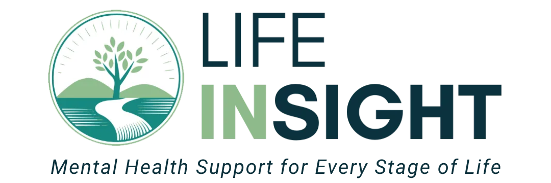 A logo for life insight with a tree and a river in the background.