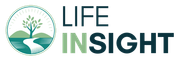 A logo for life insight with a tree and a river in the background.