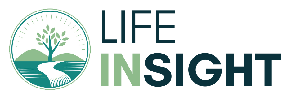 A logo for life insight with a tree and a river in the background.