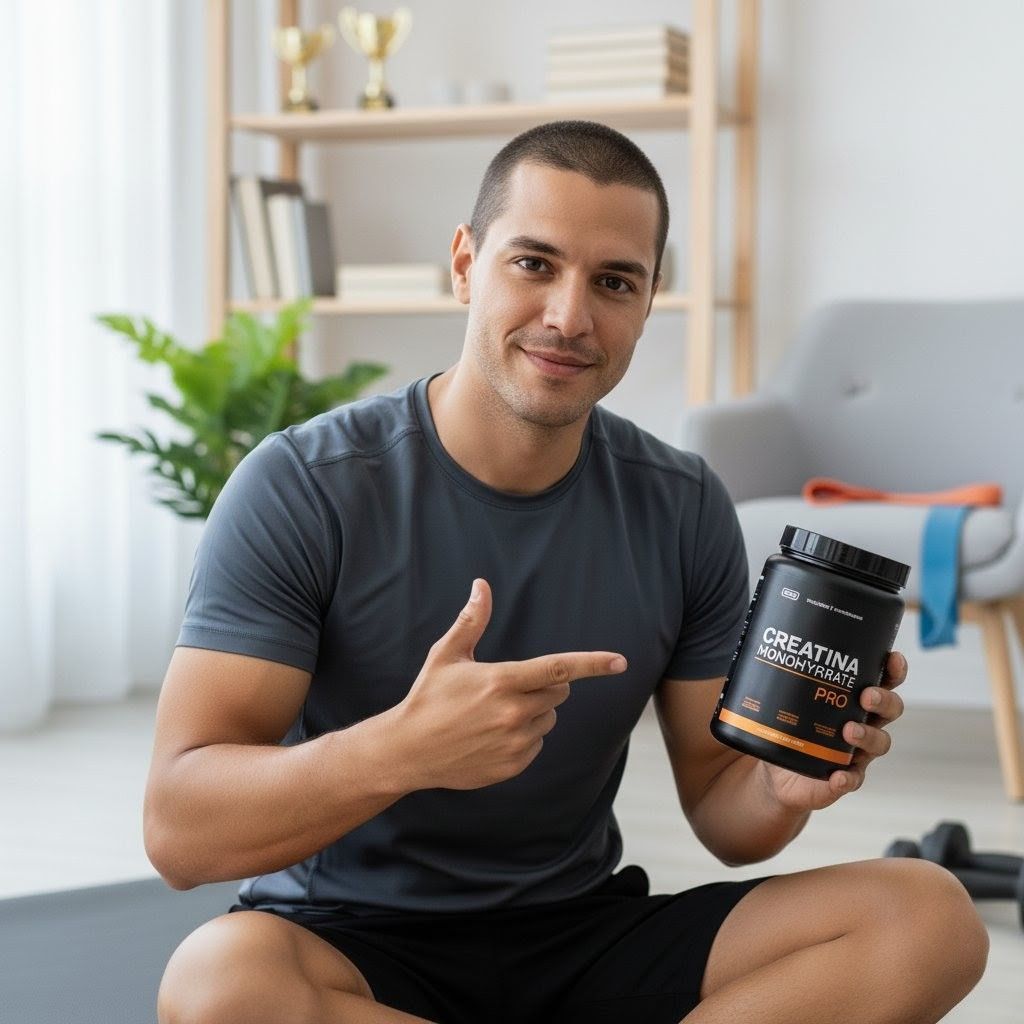 Homem segurando e apontando para um recipiente de creatina em um ambiente doméstico.