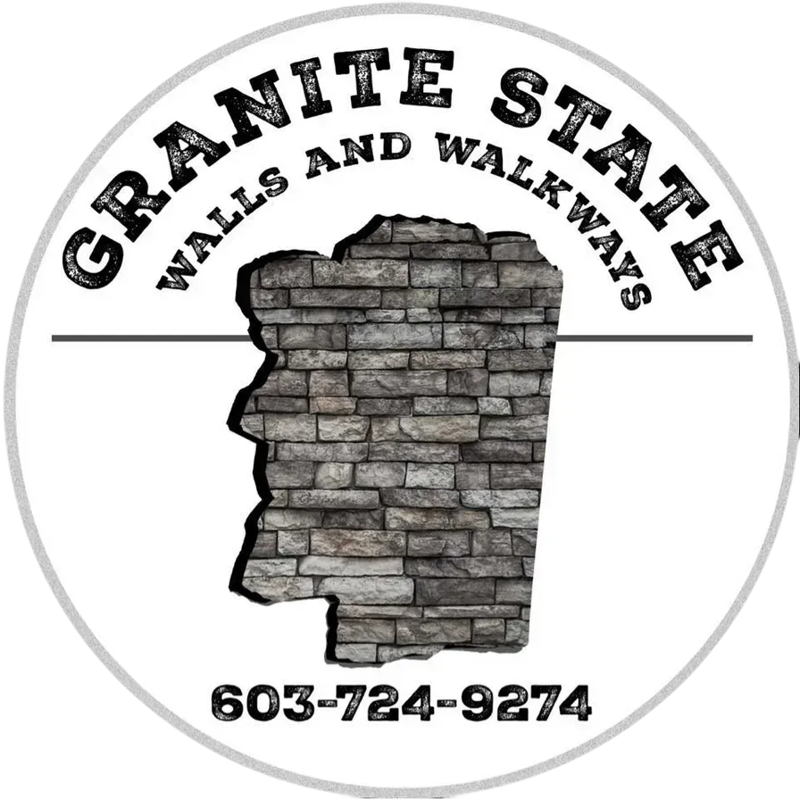 Logo for Granite State Walls and Walkways, with stone wall graphic and phone number.