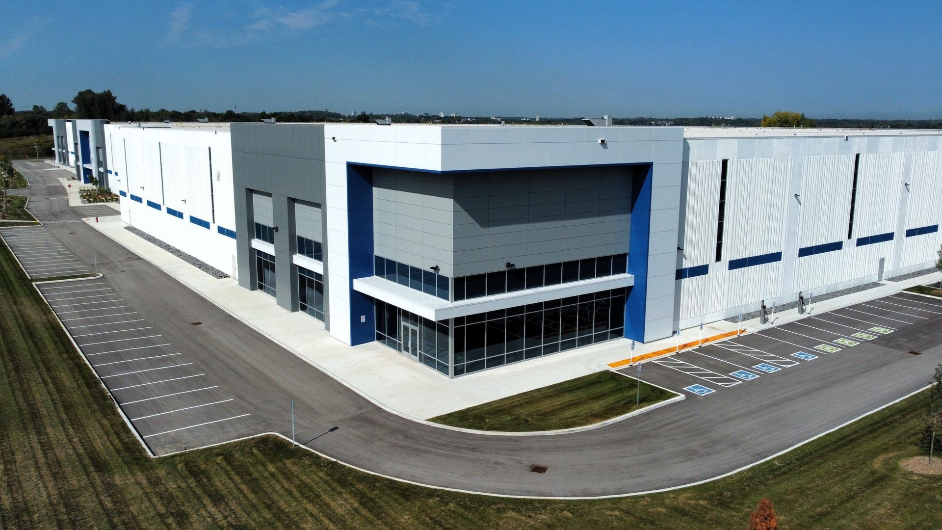 An aerial view of a large building with a lot of windows
