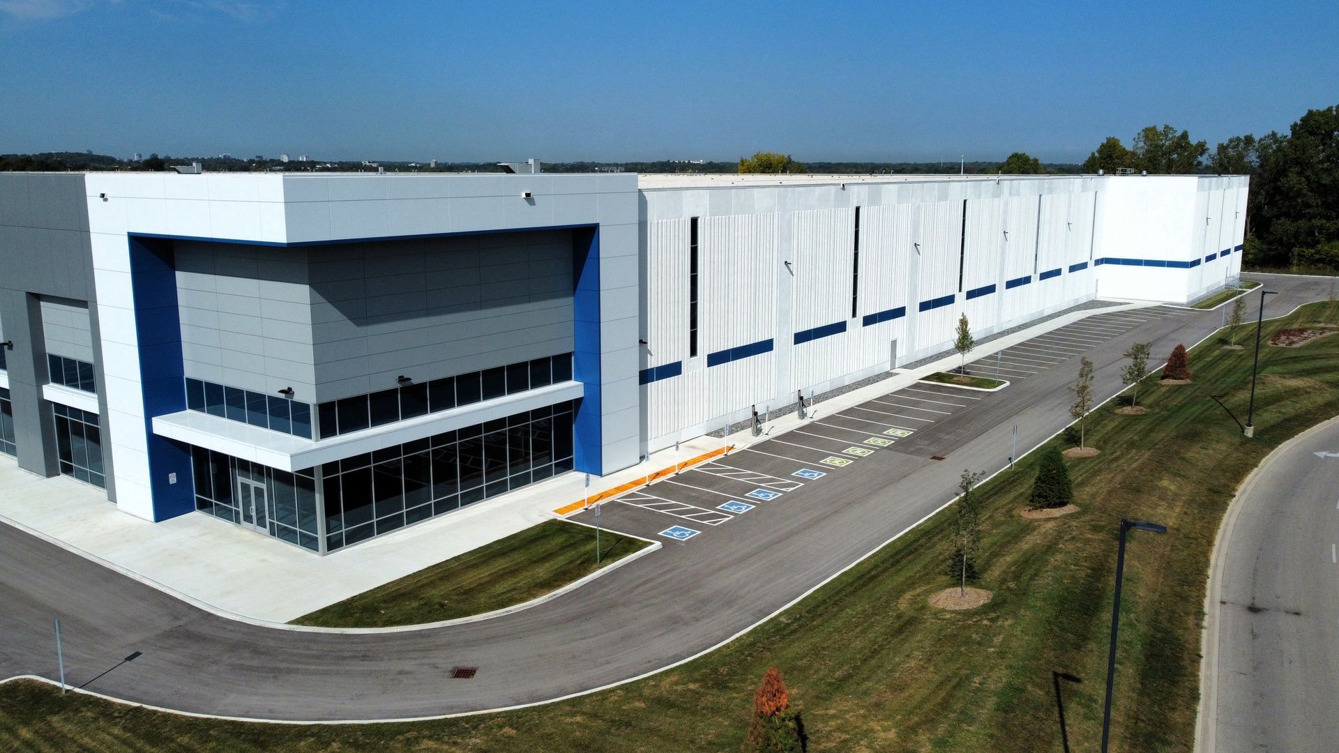 An aerial view of a large building with a lot of windows