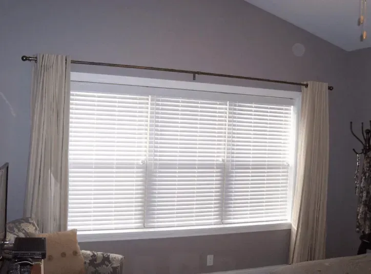 Window with Shutter and Drapes — East Peoria, IL — Blinds For Less