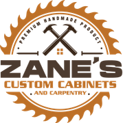 Logo for Zane's Custom Cabinets. Saw blade, crossed hammers, and text on brown background.