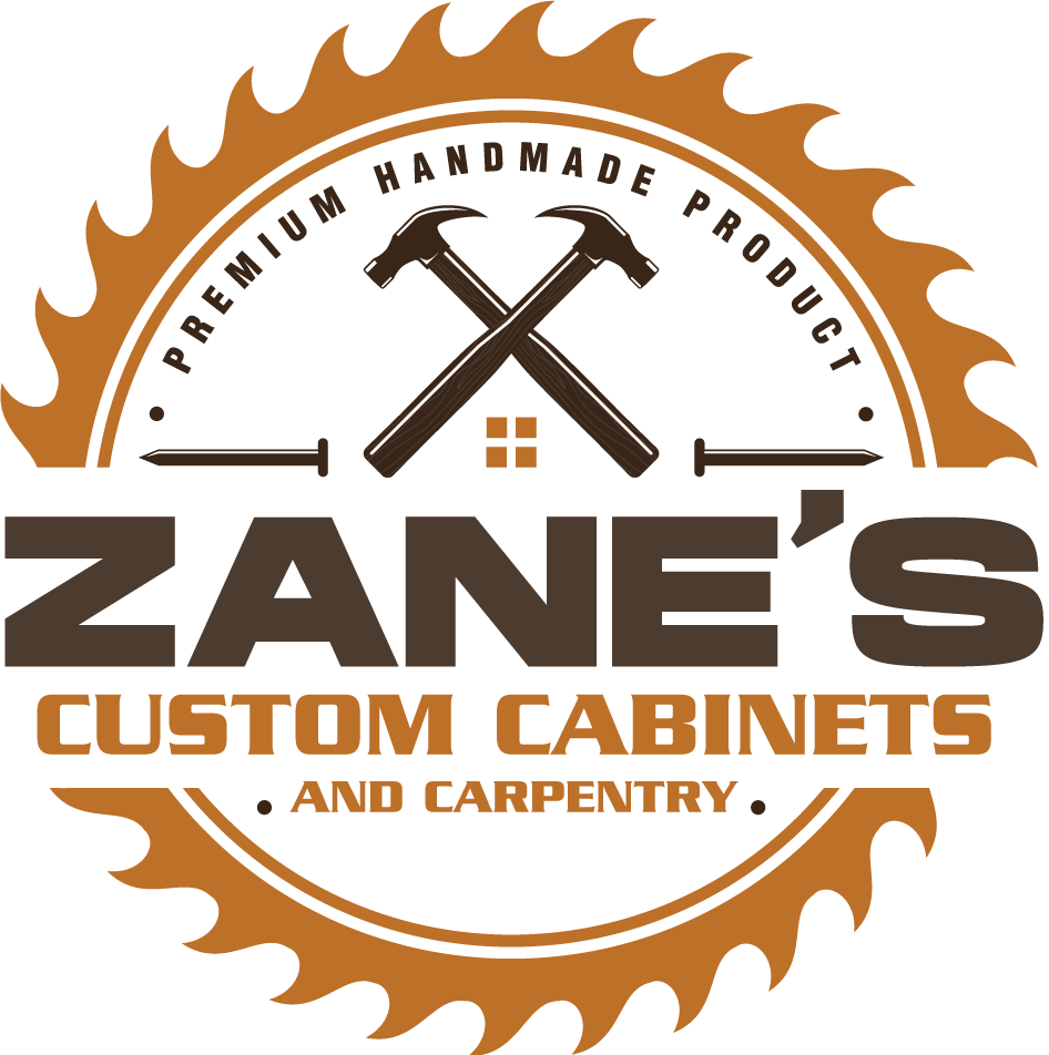 Logo for Zane's Custom Cabinets. Saw blade, crossed hammers, and text on brown background.