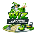 WIZ Cleaning logo with wizard, carpet, tile, and grounds cleaning equipment on a green platform