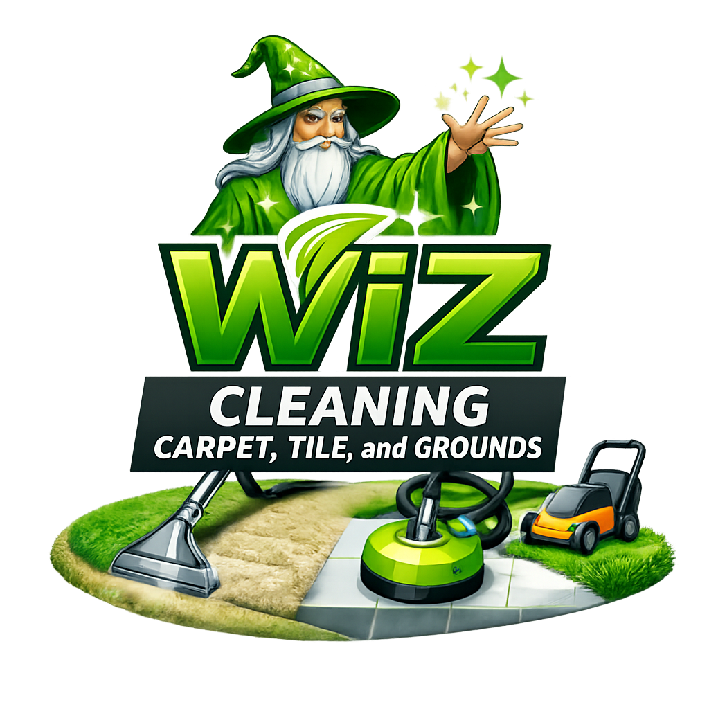 WIZ Cleaning logo with wizard, carpet, tile, and grounds cleaning equipment on a green platform