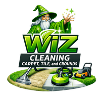 WIZ Cleaning logo with wizard, carpet, tile, and grounds cleaning equipment on a green platform