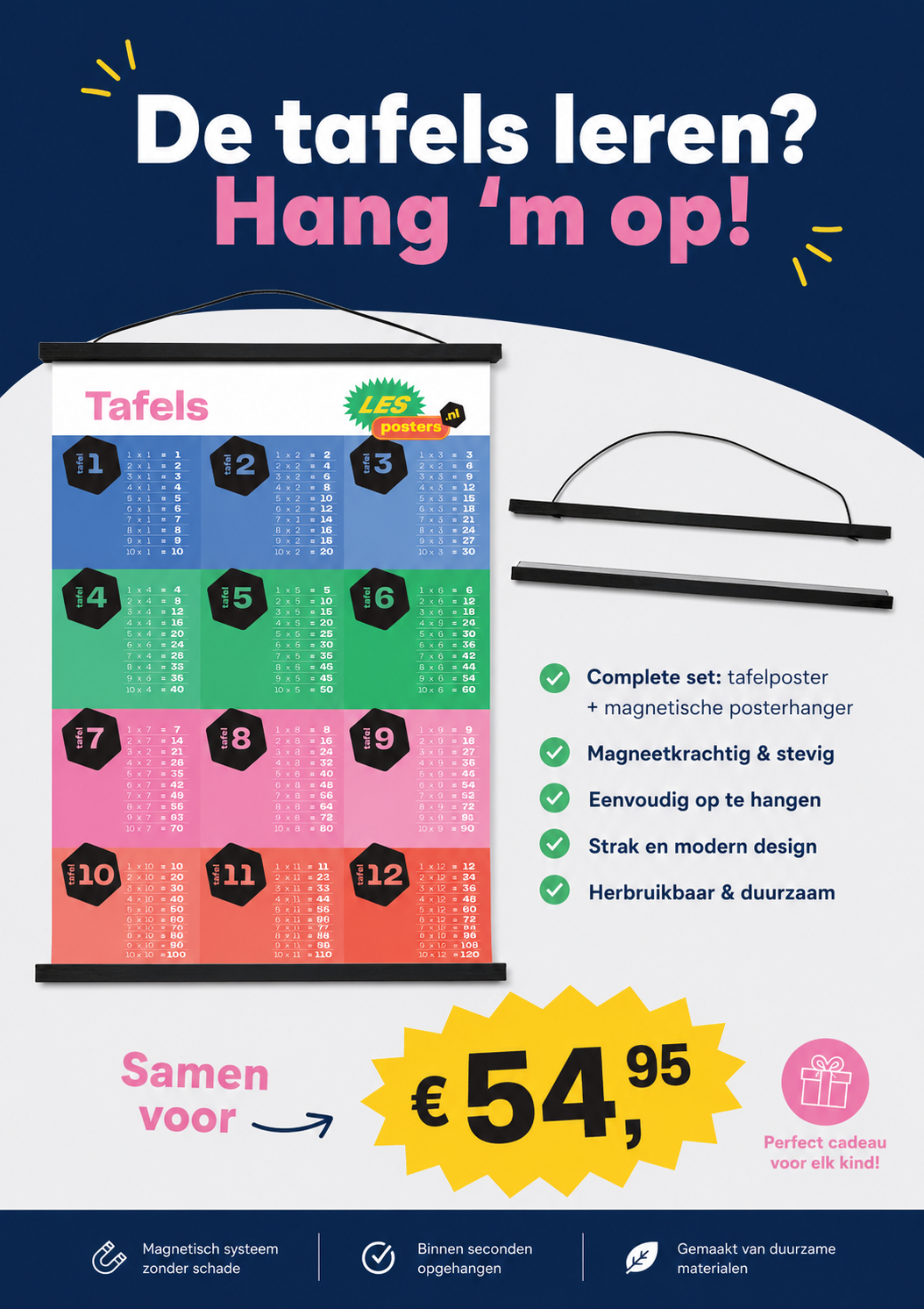 Poster voor een hangende vermenigvuldigingstabel, met kleurrijk raster, zwarte ophanghaken en een prijs van € 54,95.