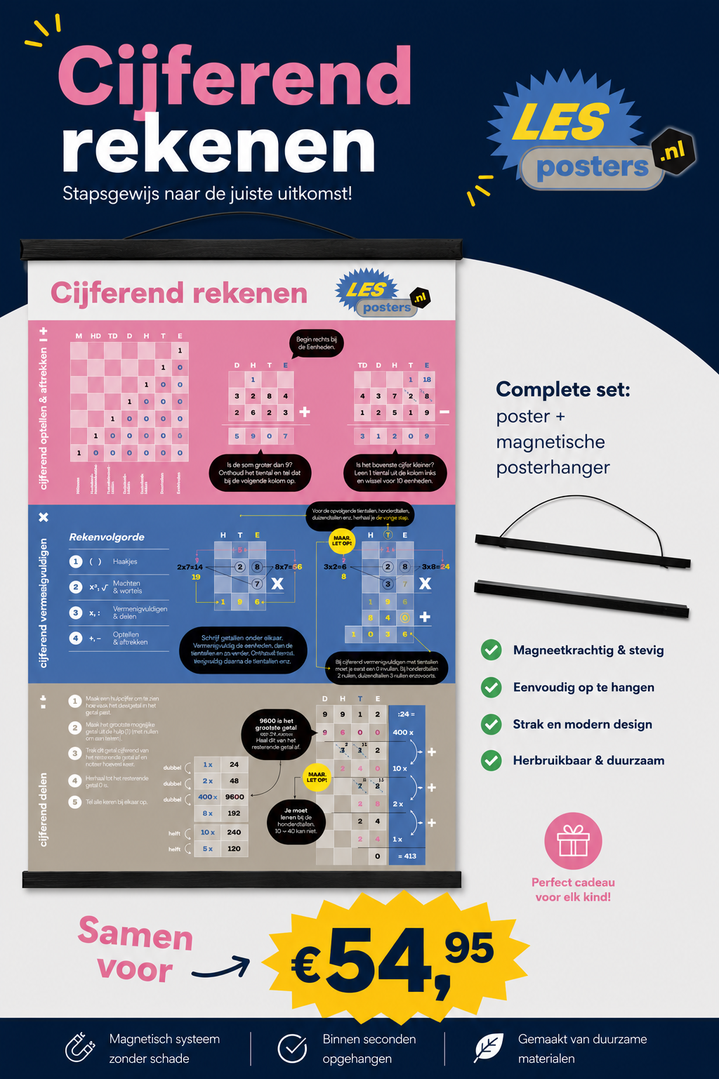 Poster Cijferend Rekenen + Magnetische Posterhanger A1
