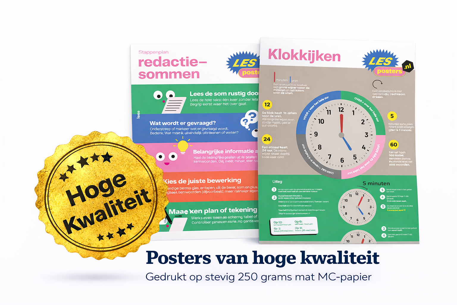 Educatieve poster over het aflezen van analoge klokken, met diagrammen, kleurgecodeerde segmenten en feiten over tijdconversie.