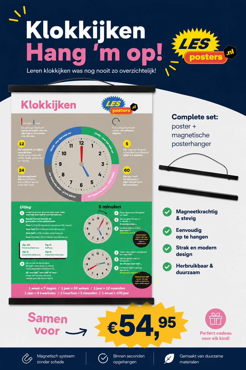 Analoog Klokkijken Poster + Magnetische Posterhanger A1