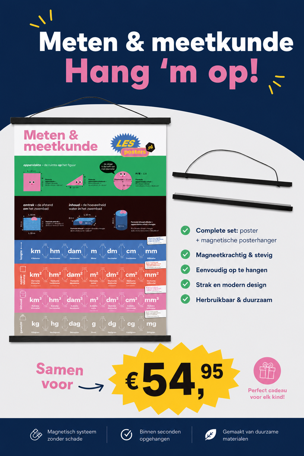 Meten & Meetkunde wiskundeposter met ophangbare wiskundekit, groen/roze design, aanbieding voor € 54,95