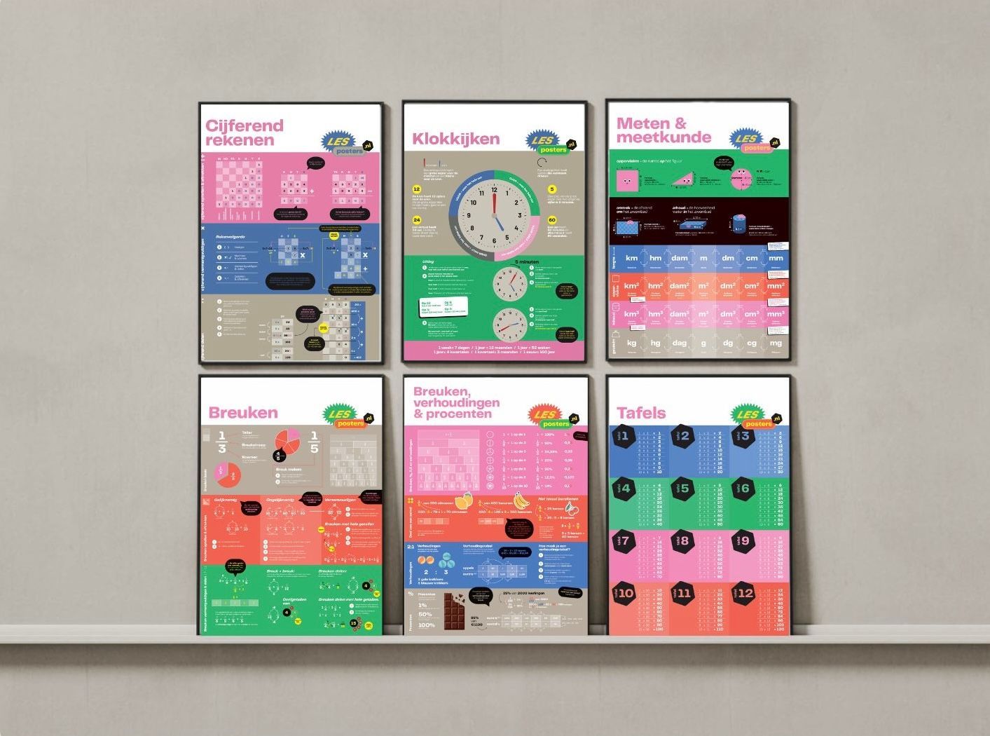 Zes kleurrijk geïllustreerde educatieve posters op een plank, waarschijnlijk voor een klaslokaal of studieruimte.