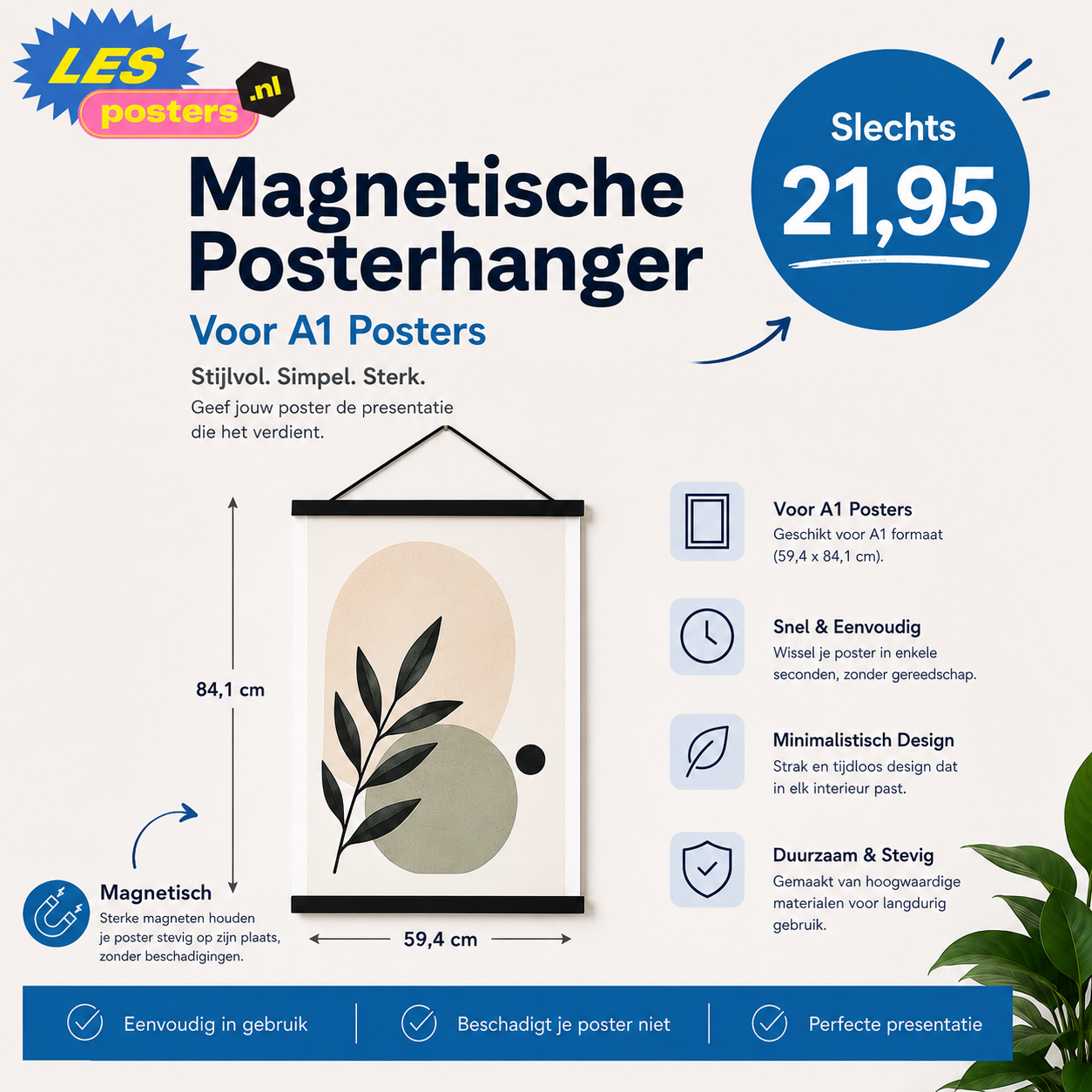 Magnetische posterhanger met houten frame en zwart koord, vanaf €21,95, voor A1 posters