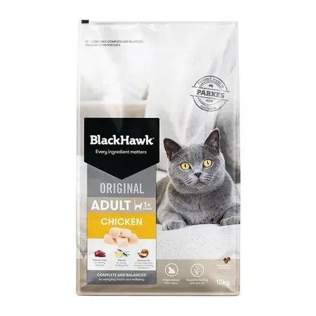 A bag of Black Hawk Original Adult dry cat food, chicken flavor, with a gray cat pictured on the front.