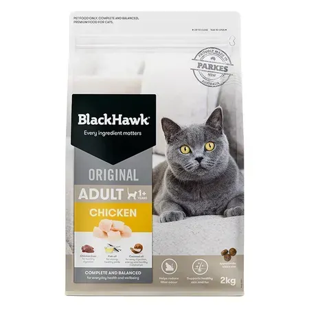 A bag of Black Hawk Original Adult Chicken cat food featuring a gray cat, chicken pieces, and product information against a light background.