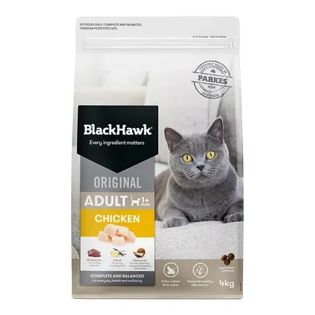 A bag of Blackhawk Original Adult Chicken cat food. A gray cat is pictured on the bag, and the packaging includes the brand name and product details.