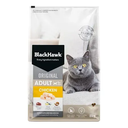 BlackHawk Original Adult Chicken cat food bag featuring a grey cat. White bag with product details.