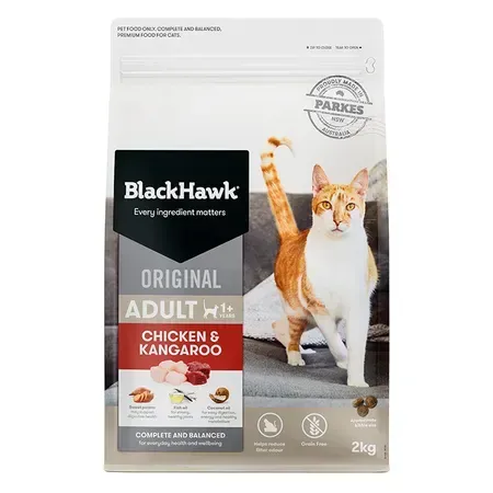A bag of Black Hawk Original Adult Chicken & Kangaroo cat food. The bag has a picture of a cat and food illustrations.