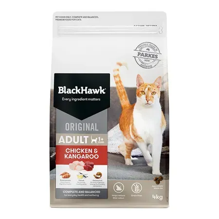 A bag of Black Hawk Original Adult cat food with a cat on the packaging. Chicken and kangaroo flavor, 4kg bag.