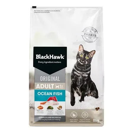 Bag of Black Hawk Original Adult Ocean Fish cat food, featuring a black tabby cat.