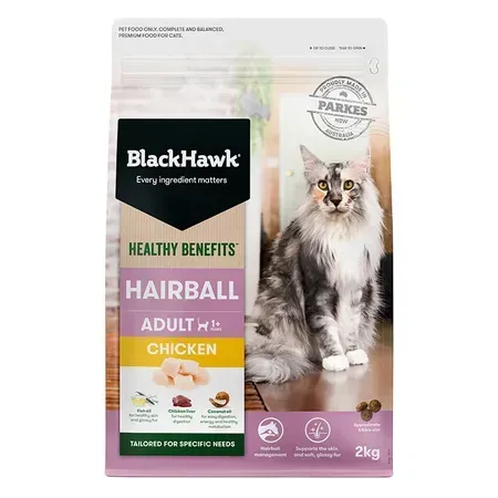 Bag of BlackHawk cat food, labeled "Hairball Adult with Chicken," featuring a cat and food ingredients.