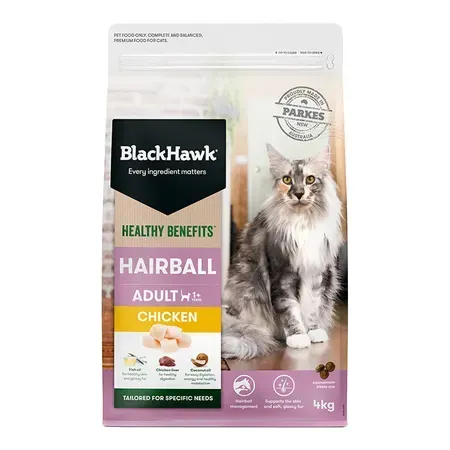 BlackHawk Hairball cat food bag featuring a Maine Coon cat. The bag is white with text and images, highlighting chicken and hairball benefits.