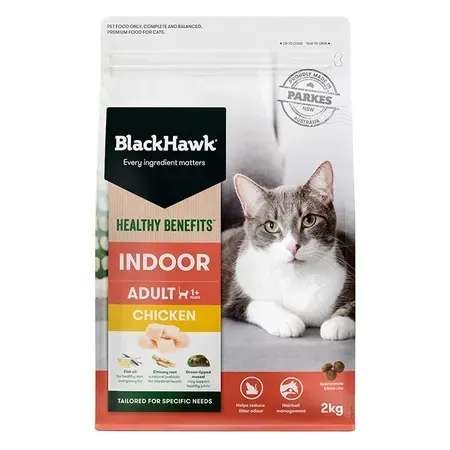 Bag of BlackHawk Indoor Adult cat food with a picture of a cat, featuring chicken and other ingredients.