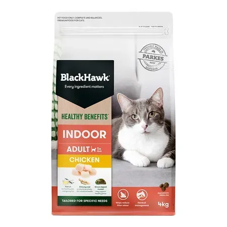 Bag of Blackhawk Indoor Adult cat food featuring a gray and white cat. The bag highlights "Healthy Benefits" and "Chicken" flavor.