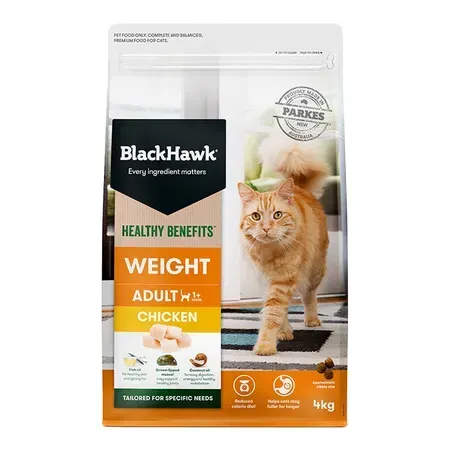 Bag of Black Hawk cat food with an orange cat on the front. The bag states "Healthy Benefits Weight Adult Chicken" and has images of chicken and kibble.
