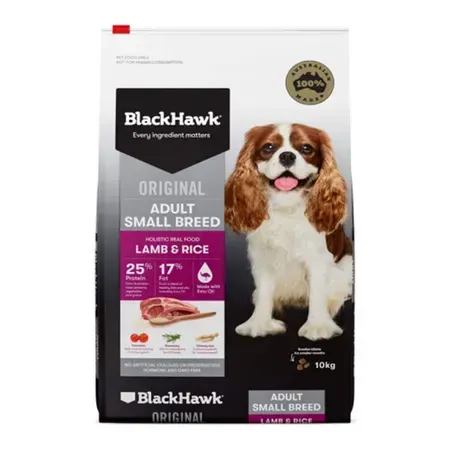 BlackHawk Original Adult Small Breed Lamb & Rice dog food bag with a Cavalier King Charles Spaniel.