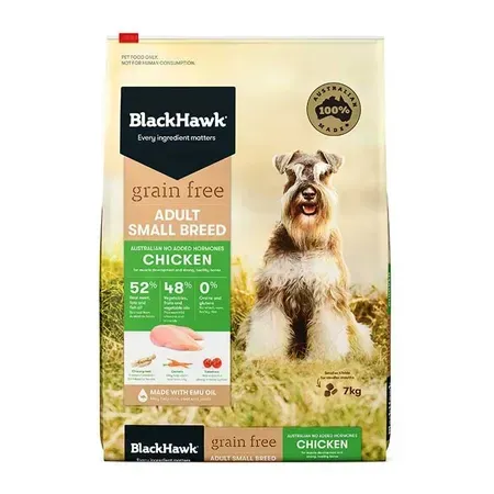 Bag of BlackHawk grain-free adult small breed dog food with a Schnauzer on the front. Chicken flavor.